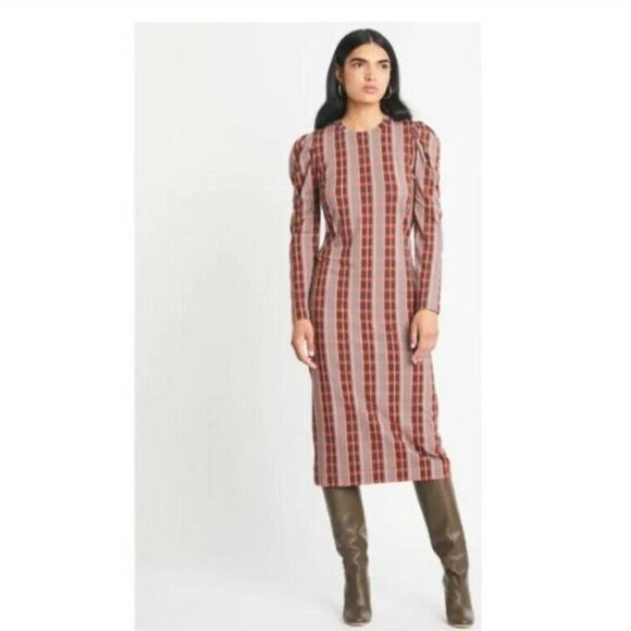 Tanya Taylor Nancy Dress Gray Burgundy Pink Plaid MSRP$295 Organic Cotton 1X NWT - Picture 3 of 7